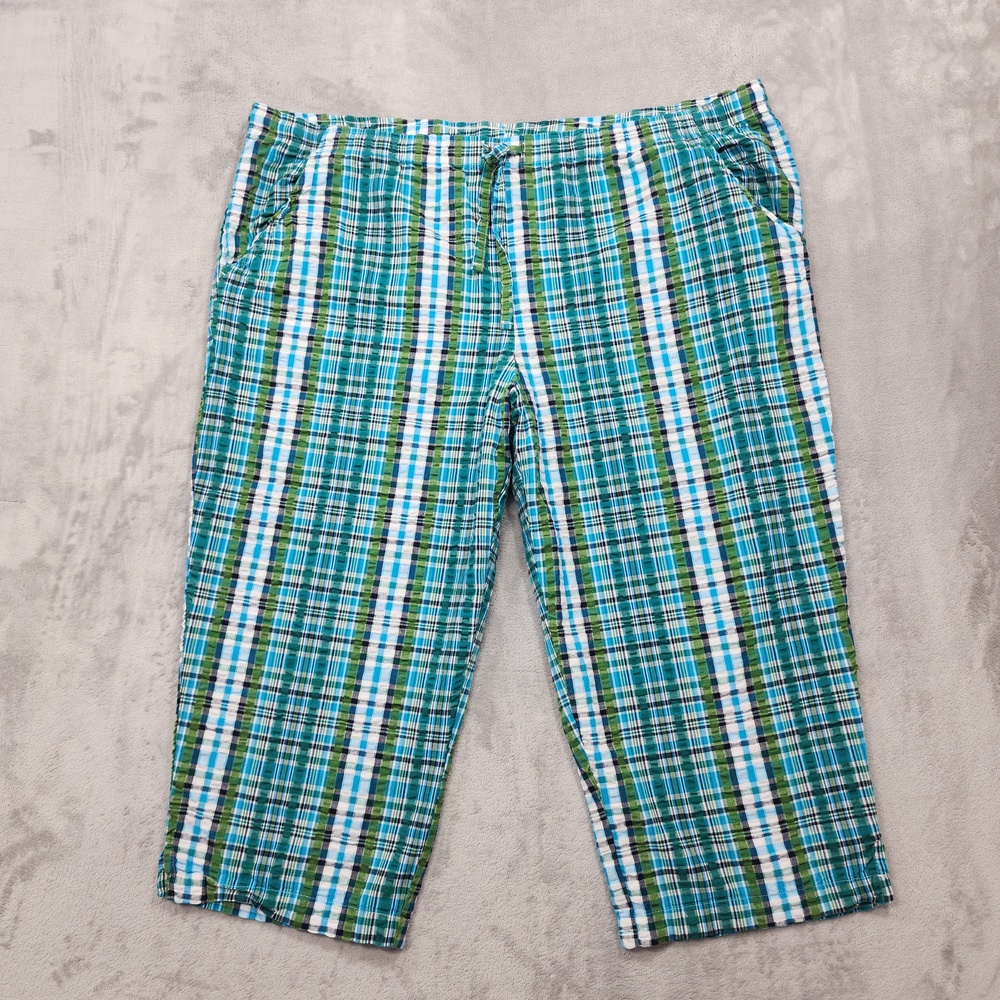 Basic Editions Pants Womens 1X Blue Plaid Seersucker Capri Pull On Drawstring